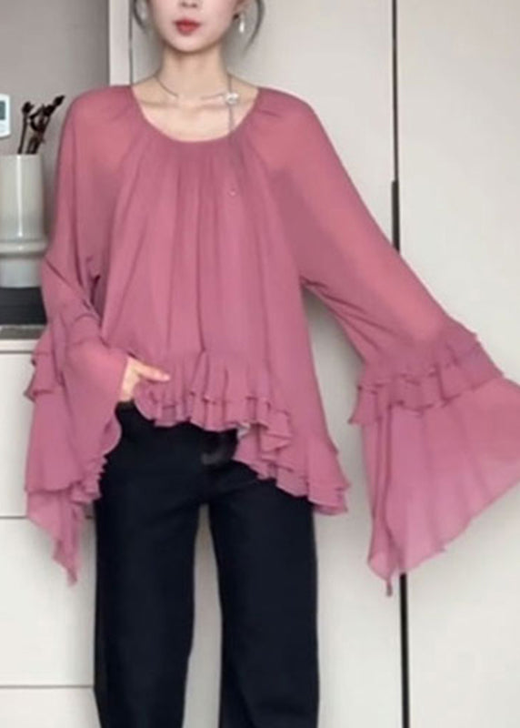 French O-Neck Pink Ruffled Flare Shirts Sleeve Chiffon Patchwork