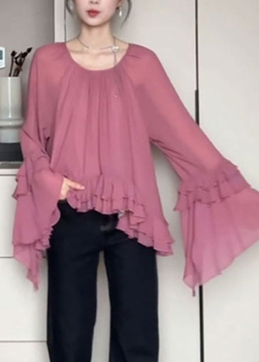 French O-Neck Pink Ruffled Flare Shirts Sleeve Chiffon Patchwork