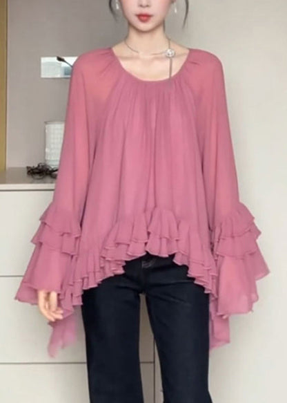 French O-Neck Pink Ruffled Flare Shirts Sleeve Chiffon Patchwork