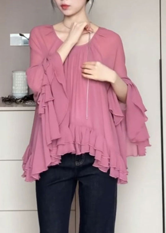 French O-Neck Pink Ruffled Flare Shirts Sleeve Chiffon Patchwork