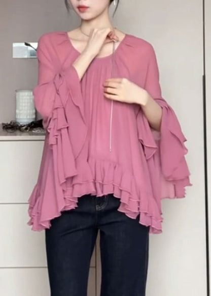 French O-Neck Pink Ruffled Flare Shirts Sleeve Chiffon Patchwork