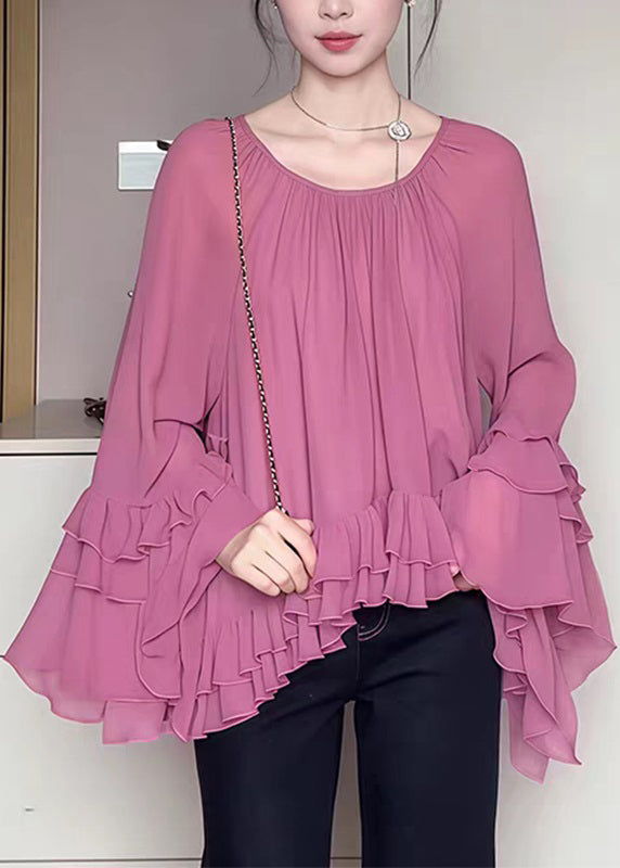 French O-Neck Pink Ruffled Flare Shirts Sleeve Chiffon Patchwork