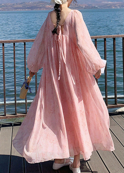 Long Up Summer French Dresses Neck O Wrinkled Lace Chiffon Pink