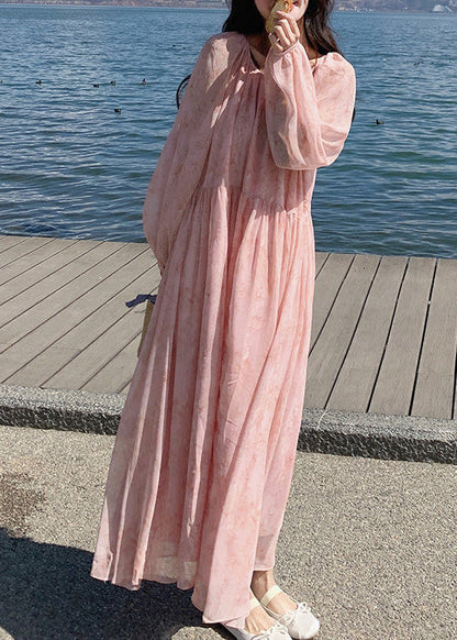 Long Up Summer French Dresses Neck O Wrinkled Lace Chiffon Pink