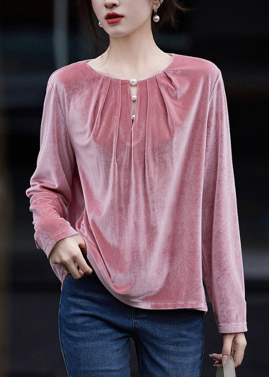 French Pink O Neck Wrinkled Velour Top Fall WP034