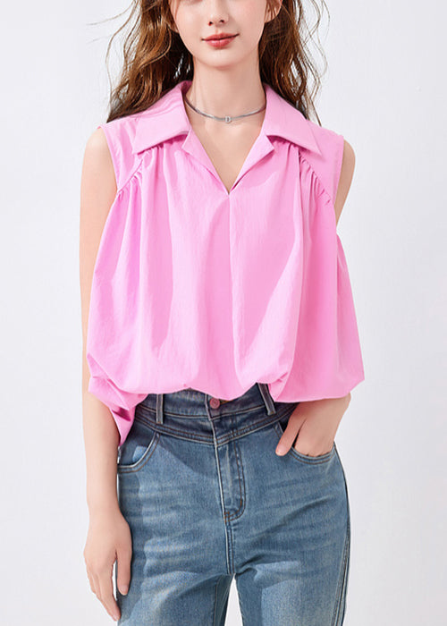 French Pink Peter Pan Collar Solid Cotton Shirt Sleeveless KK053