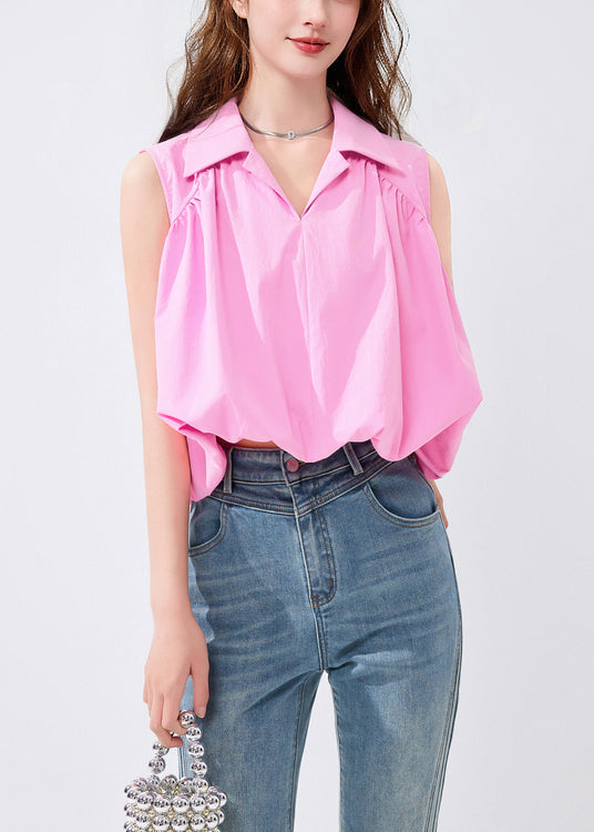 French Pink Peter Pan Collar Solid Cotton Shirt Sleeveless KK053