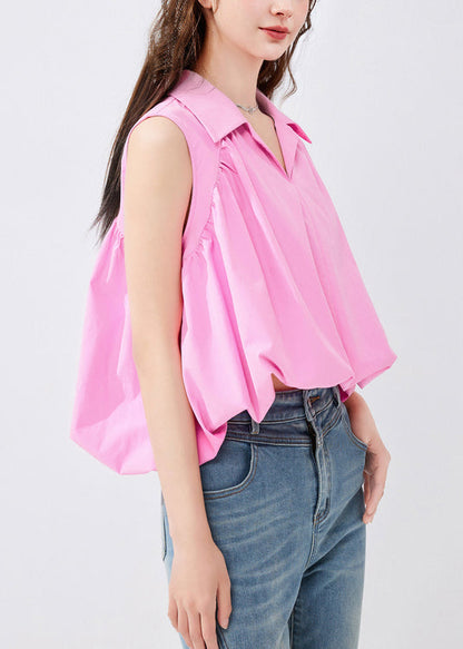 French Pink Peter Pan Collar Solid Cotton Shirt Sleeveless KK053