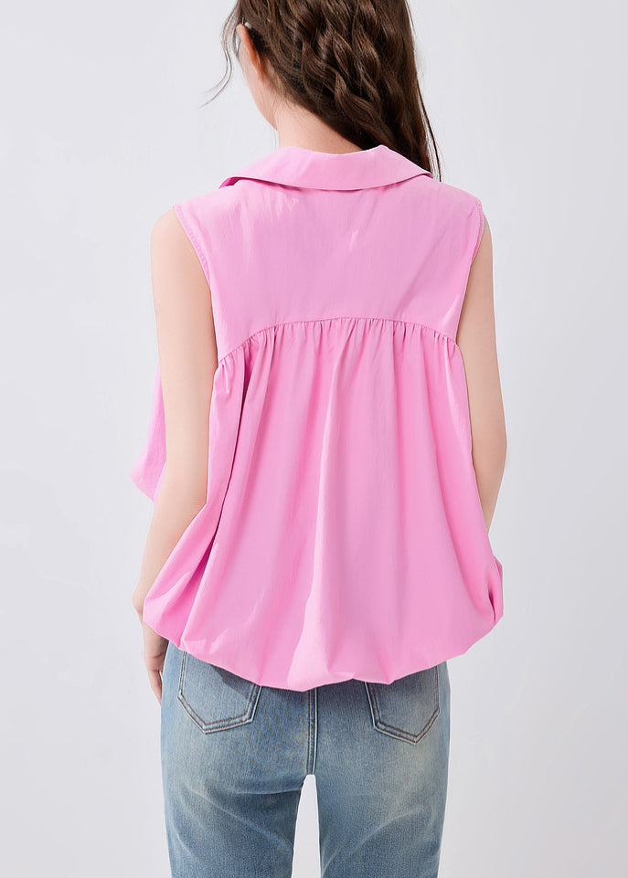 French Pink Peter Pan Collar Solid Cotton Shirt Sleeveless KK053