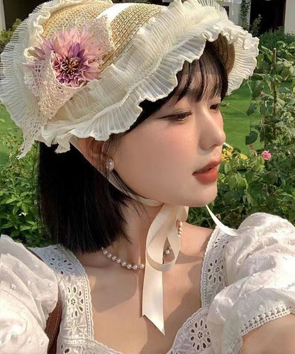 Chapeau de soleil tissé en herbe à volants en dentelle rose violet français YU1007