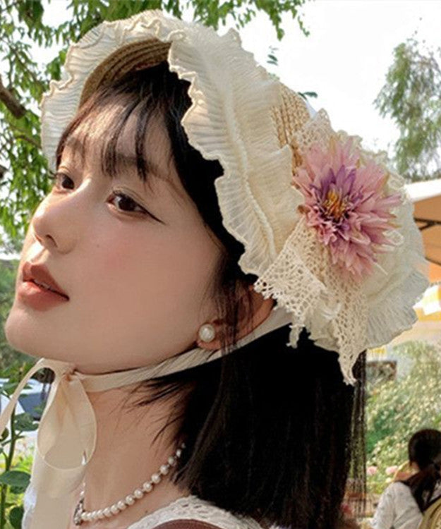 Chapeau de soleil tissé en herbe à volants en dentelle rose violet français YU1007