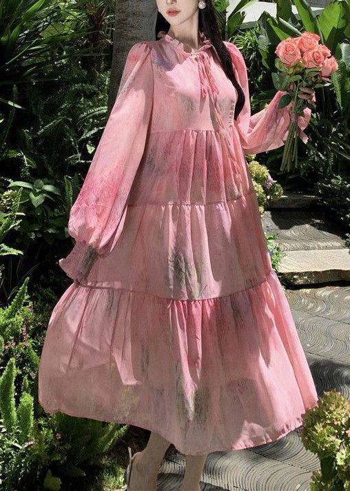 French Pink Ruffled Lace Up Patchwork Chiffon Dress Long Sleeve XX078