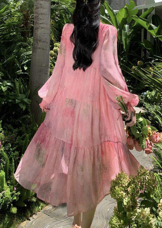 French Pink Ruffled Lace Up Patchwork Chiffon Dress Long Sleeve XX078