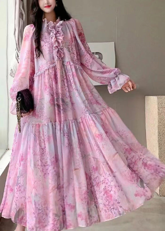 Robe de vacances en mousseline de soie à imprimé patchwork rose à volants pour l'été XX055