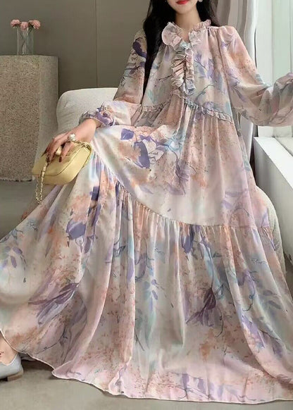 Robe de vacances en mousseline de soie à imprimé patchwork rose à volants pour l'été XX055