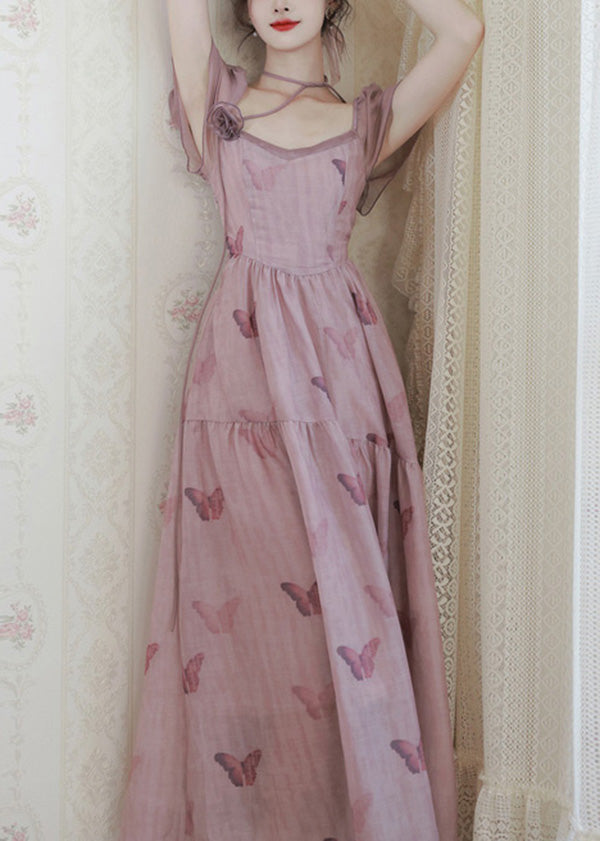 French Pink Square Collar Butterfly Print Chiffon Dress Summer XX022