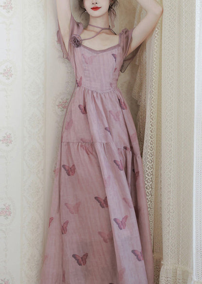 French Pink Square Collar Butterfly Print Chiffon Dress Summer XX022