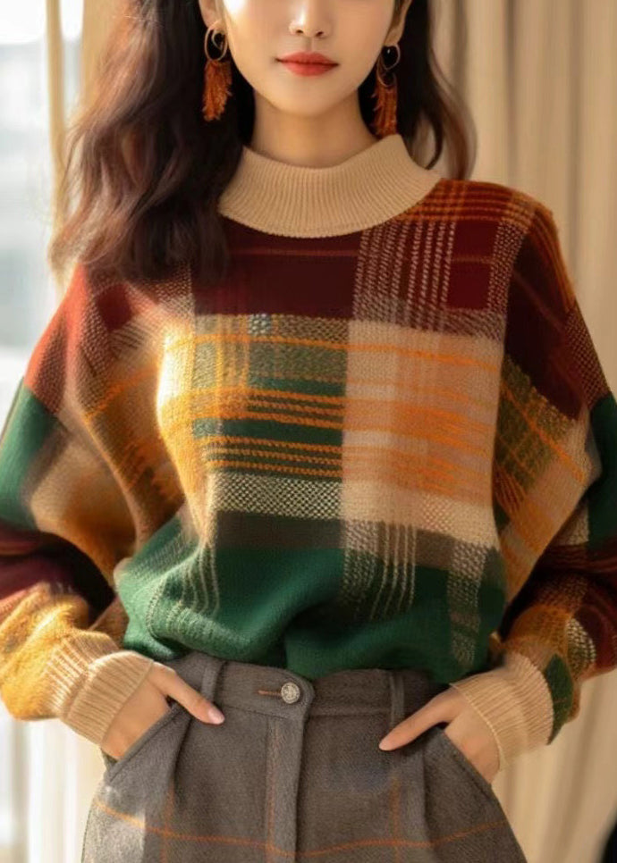 Gemütlicher Patchwork-Pullover aus Wolle mit französischem Karomuster, Winter WK044