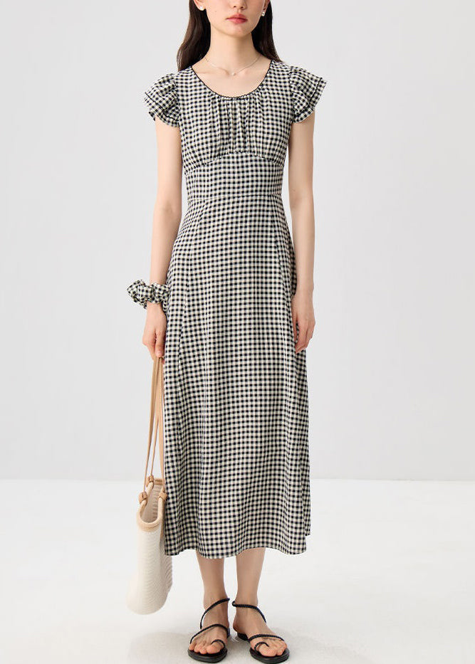 French Plaid O Neck High Waist Cotton Dresses Summer XX079