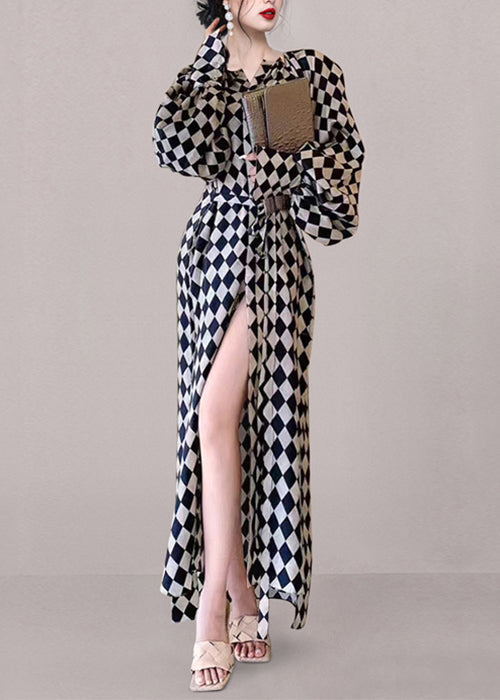 Plaid Waist Long Chiffon Dresses Tie French Fall Pockets