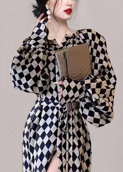 Plaid Waist Long Chiffon Dresses Tie French Fall Pockets