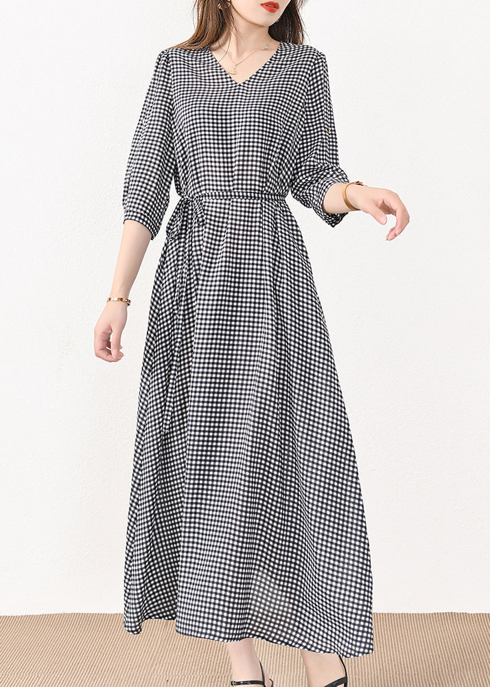 French Plaid Pockets Tie Waist Silk Cotton Long Dresses Half Sleeve MN057