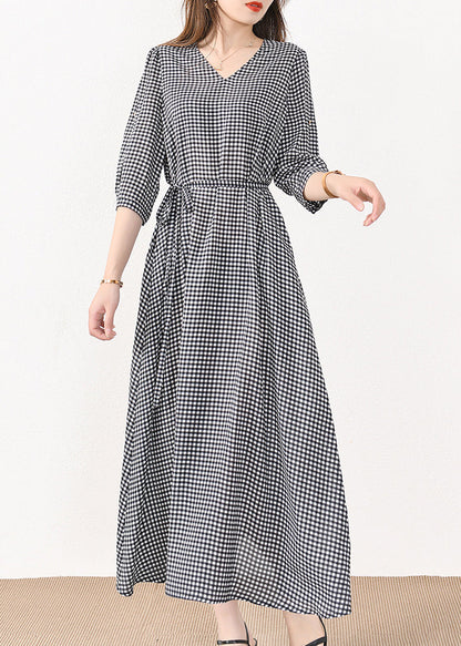 French Plaid Pockets Tie Waist Silk Cotton Long Dresses Half Sleeve MN057