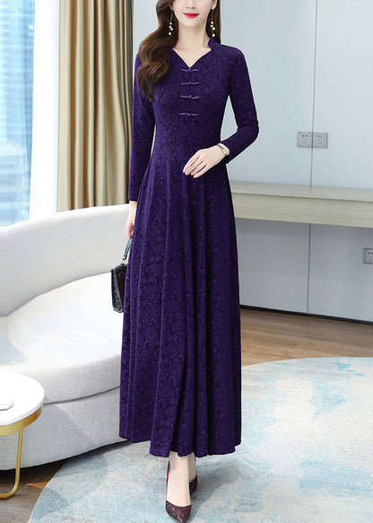 Französisches lila Jacquard-Maxikleid aus Baumwolle mit extra großem Saum, Herbst OO044