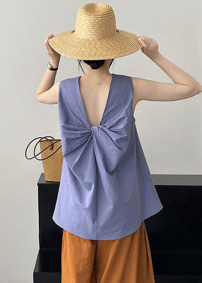 French Purple O Neck Bow Cotton Top Sleeveless KK057