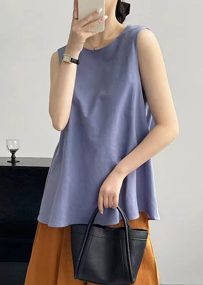 French Purple O Neck Bow Cotton Top Sleeveless KK057