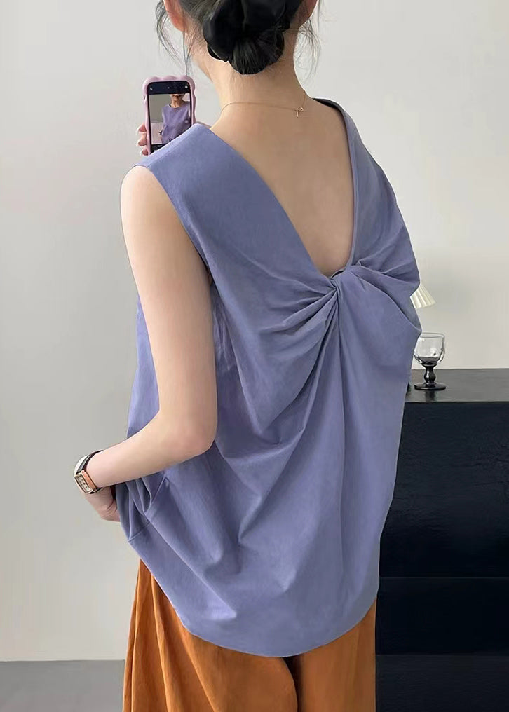 French Purple O Neck Bow Cotton Top Sleeveless KK057