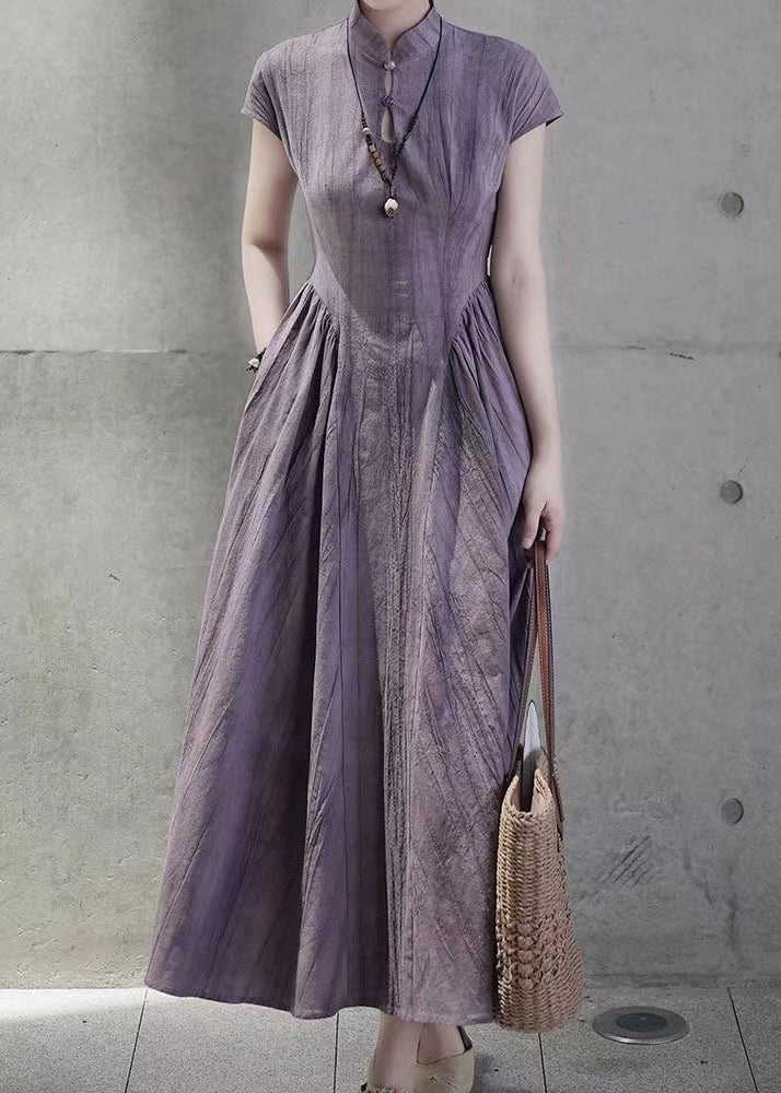 Robe d'été en lin violet avec poches et col montant QE024