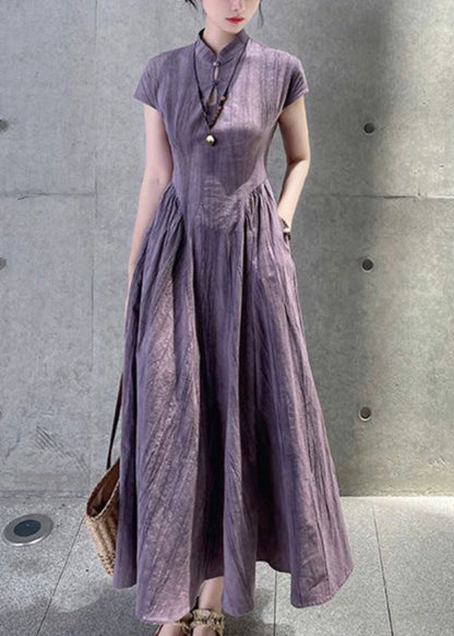 Robe d'été en lin violet avec poches et col montant QE024