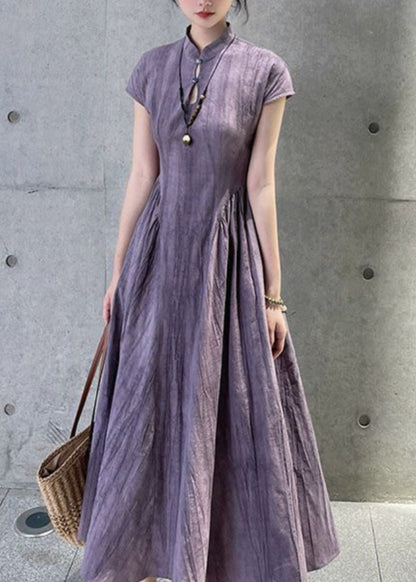 Robe d'été en lin violet avec poches et col montant QE024