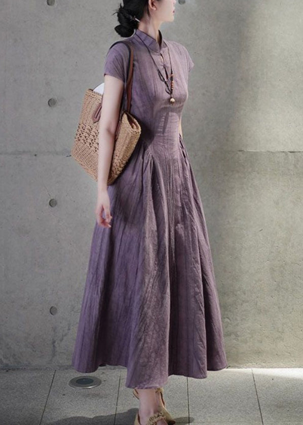 Robe d'été en lin violet avec poches et col montant QE024