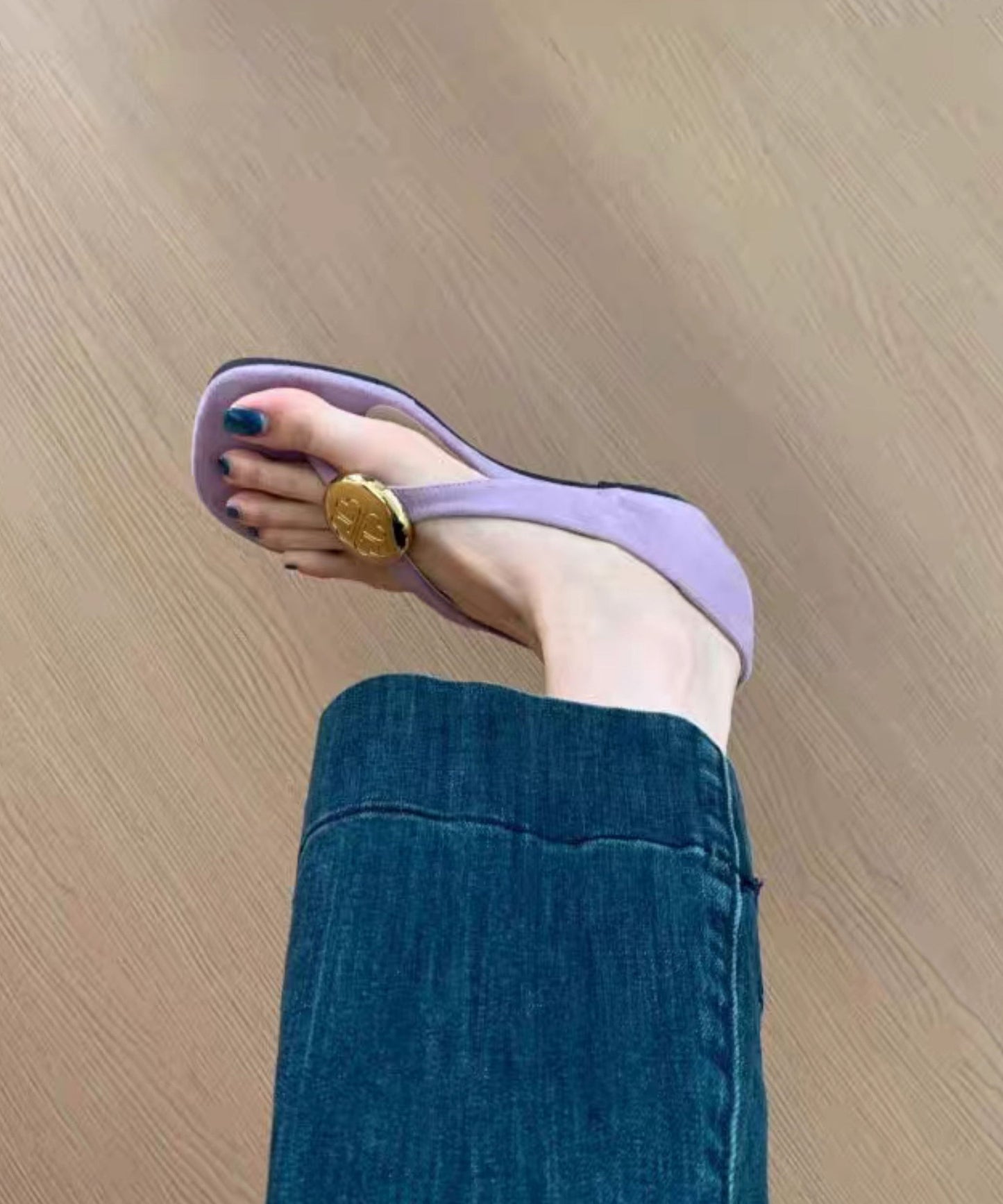 Purple Suede Flip French Wedge Splicing Flops