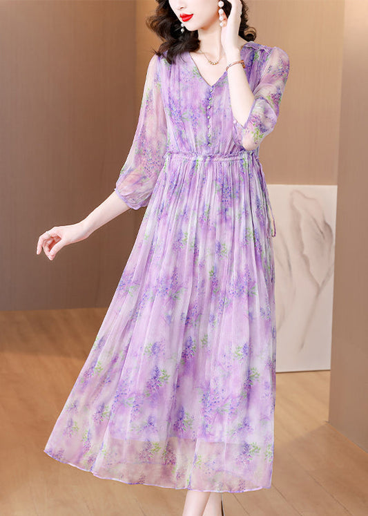 French Purple V Neck Ruffled Print Silk Dresses Summer BB020