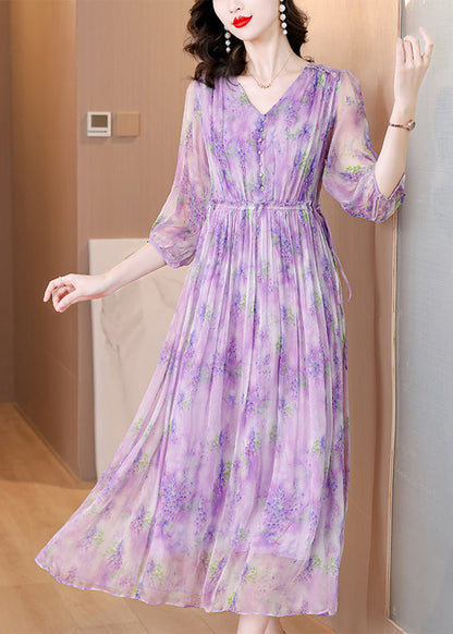 French Purple V Neck Ruffled Print Silk Dresses Summer BB020