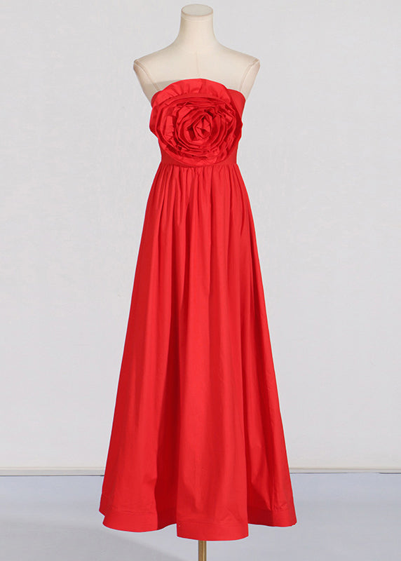 Patchwork Holiday French Maxi Rose Summer Shoulder Cold Dress Red