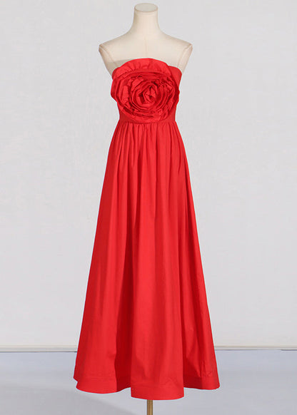 Patchwork Red Dress Maxi Rose Holiday Summer French Cold Shoulder