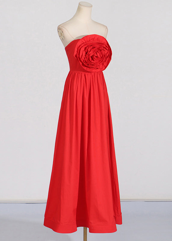 Patchwork Holiday French Maxi Rose Summer Shoulder Cold Dress Red