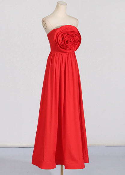 Patchwork Holiday French Maxi Rose Summer Shoulder Cold Dress Red