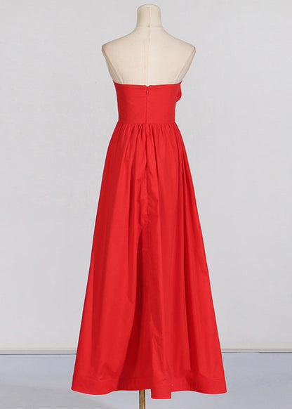 Patchwork Holiday French Maxi Rose Summer Shoulder Cold Dress Red