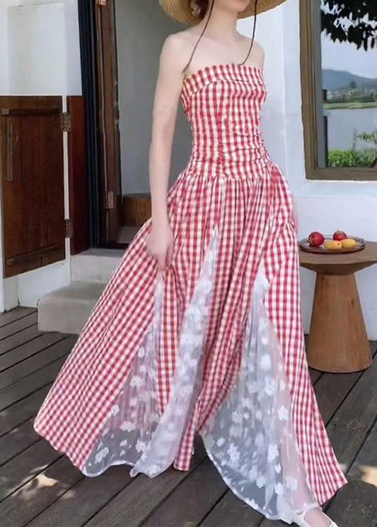 Französisches rotes kariertes Spitzen-Patchwork-Kleid aus schulterfreiem Sommer ZL068