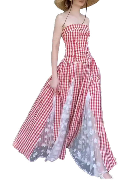 Französisches rotes kariertes Spitzen-Patchwork-Kleid aus schulterfreiem Sommer ZL068