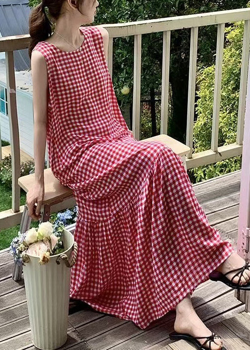 Dress Wrinkled Sleeveless Cotton Plaid French Maxi Red