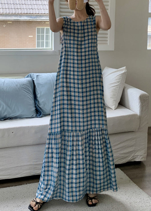 Dress Wrinkled Sleeveless Cotton Plaid French Maxi Red