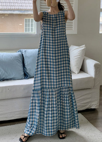 Dress Wrinkled Sleeveless Cotton Plaid French Maxi Red