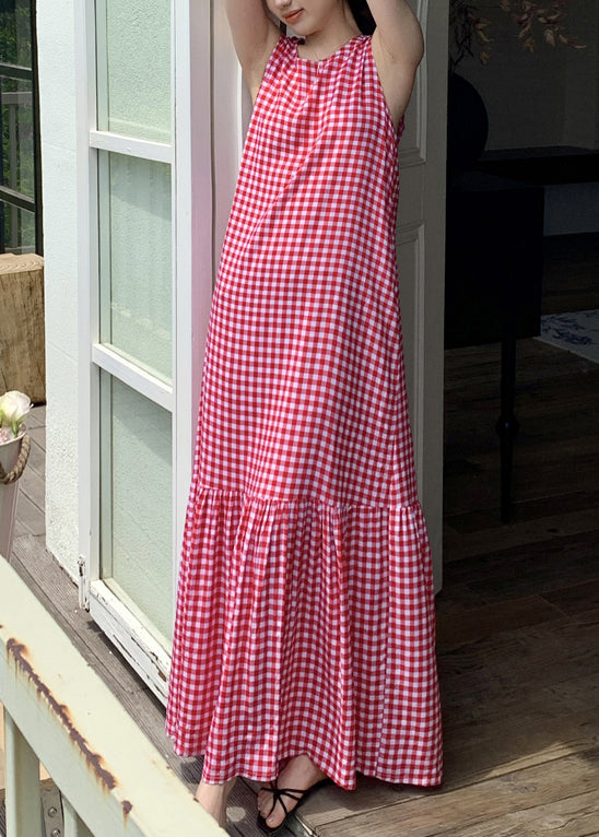 Dress Wrinkled Sleeveless Cotton Plaid French Maxi Red