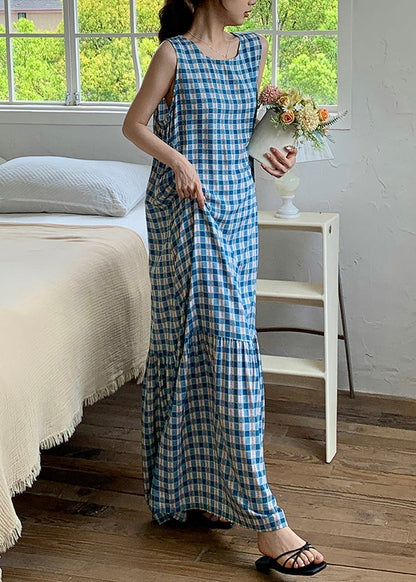 Dress Wrinkled Sleeveless Cotton Plaid French Maxi Red